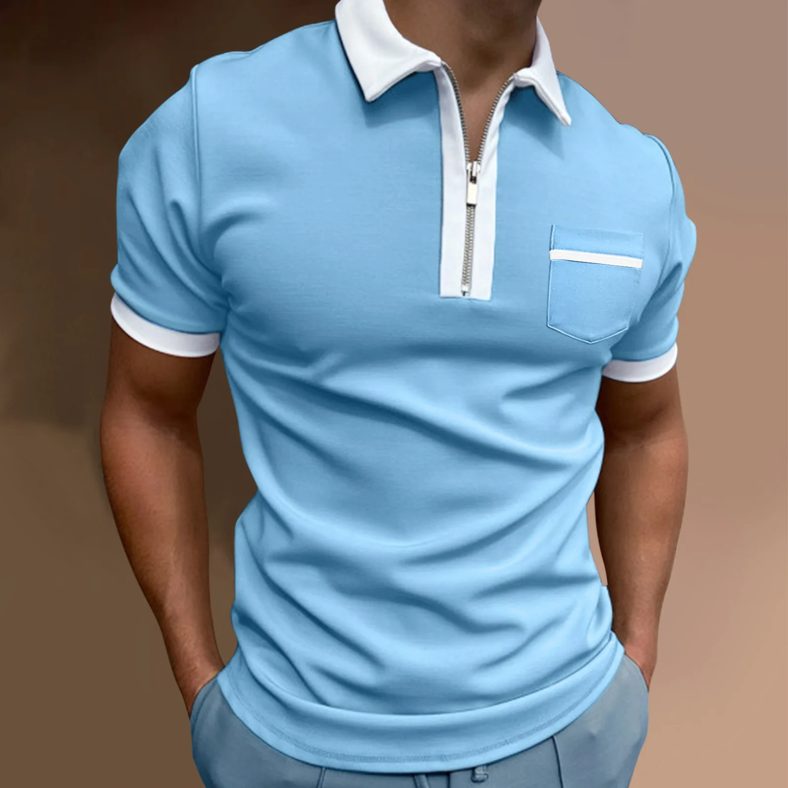 Men\'s polo shirt lapel pocket solid color T-shirt short sleeve color matching casual slim fashion high quality men\'s wear