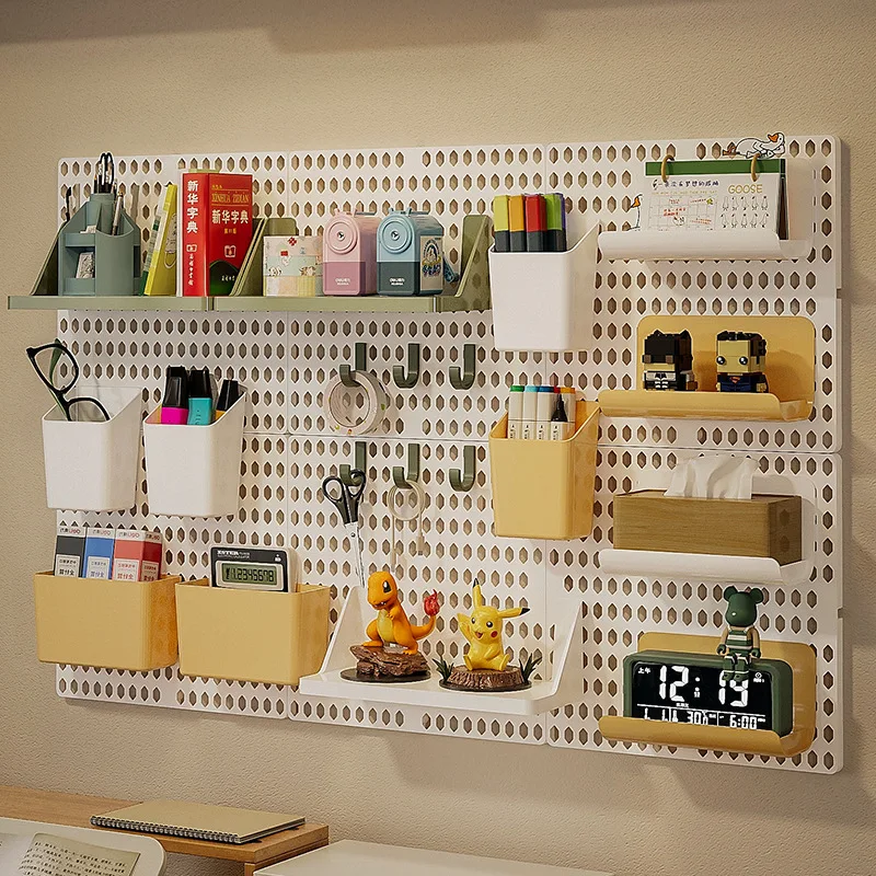 Hole Board Dormitory Wall Shelf Kawaii Free Punching Adhesive Students Study Wall Mounted Storage Rack Home Decoration Organizer