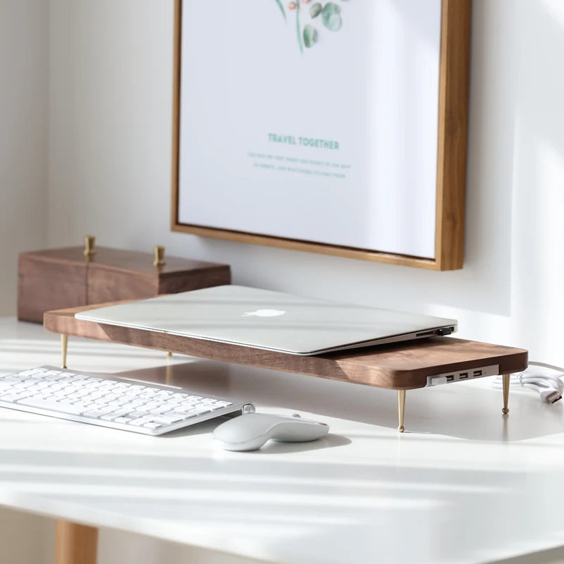 Solid Walnut Monitor Stand Desktop Organizer Riser for Computer Screen Multi-Functional Wooden Desk Base& Ergonomic for Office