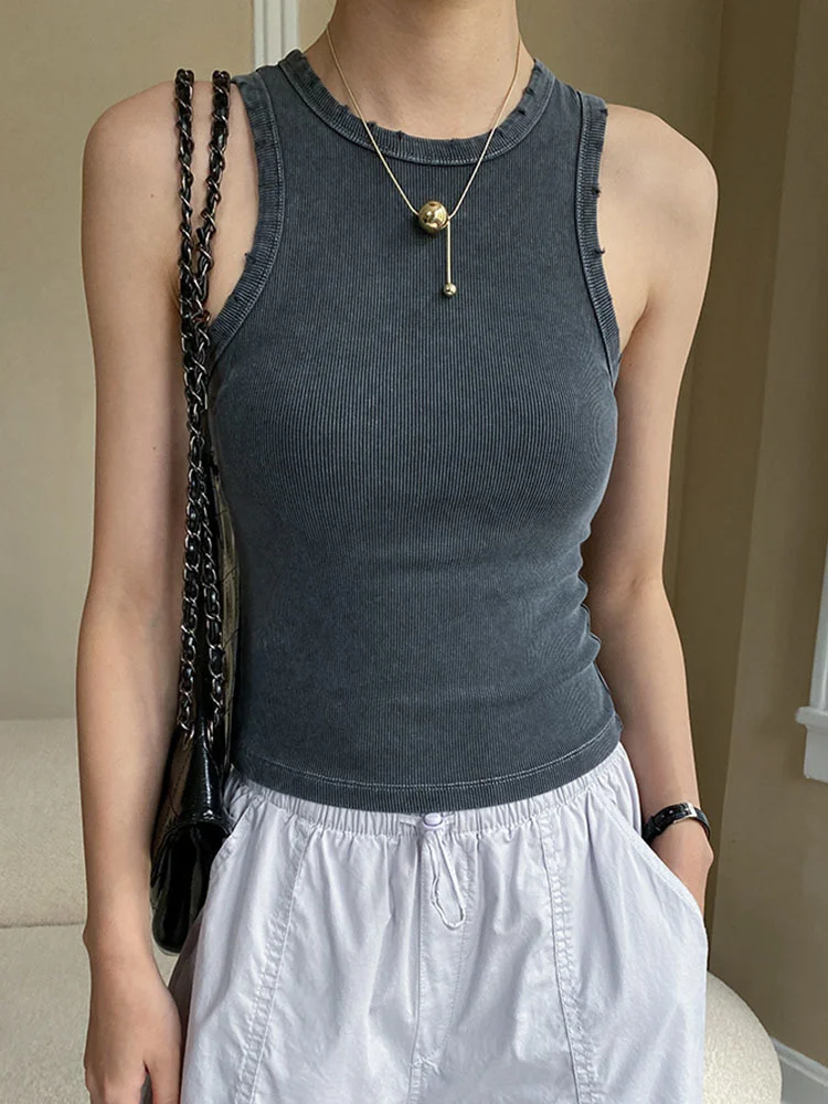 

Women Black Screw Thread Slim Tank Tops New Round Neck Sleeveless Personality Fashion Tide Spring Summer O064