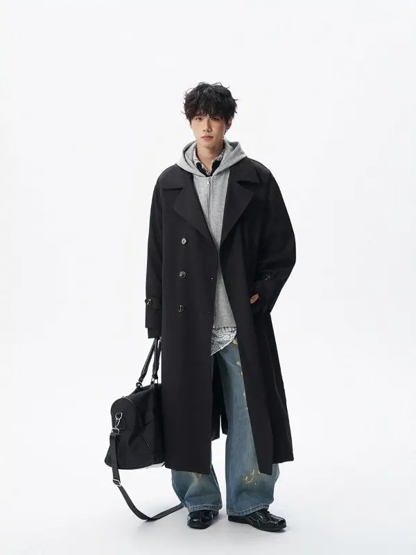 

Модное мужское длинное двубортное пальто с капюшоном в британском стиле, длиной ниже колена, повседневная модная верхняя одежда для молодежи