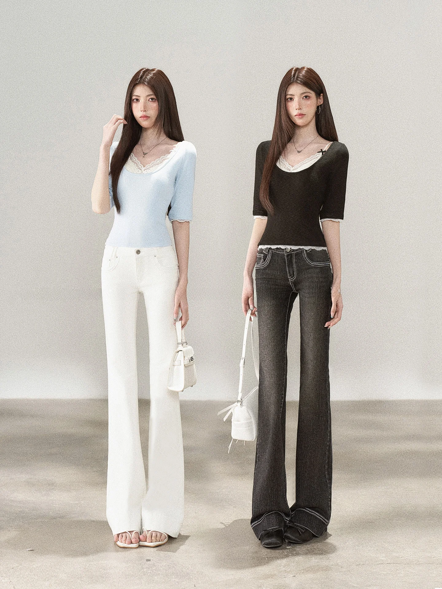 

Slimming Slim Fit Summer Top And High Waist Flared Jeans Women's Set Casual Style Breathable Lightweight V Neck Zipper Closure