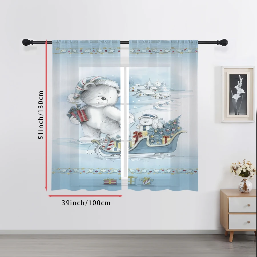 2PCS Polar Bear Sleigh Sheer Curtains, Christmas Teddy Bear Gift Print, Rod Pocket Window Drapes for Xmas Kids Room Decor