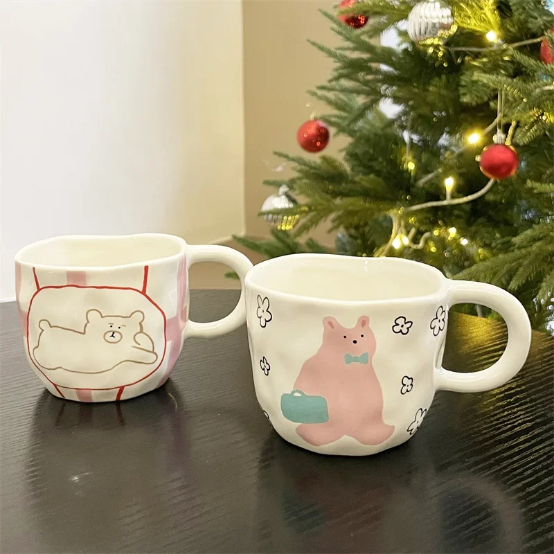 Cute Bear Ceramic Mug Hand Pinched Irregular Porcelain Coffee Cup Breakfast milk oatmeal cup Water Cup For Office Couple Gift