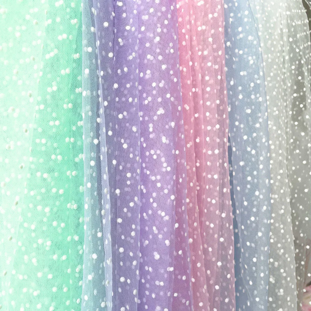 Flocked White Polka Dot Mesh Tulle Net Fabric High Quality DIY Sewing Bridal Veil Gown Girls Skirt Dress Wedding Decor Supplies