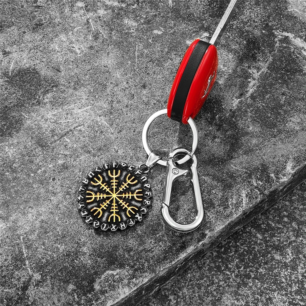 Vintage Norse 24 Runes Vegvisir Keyring Mens Viking Compass