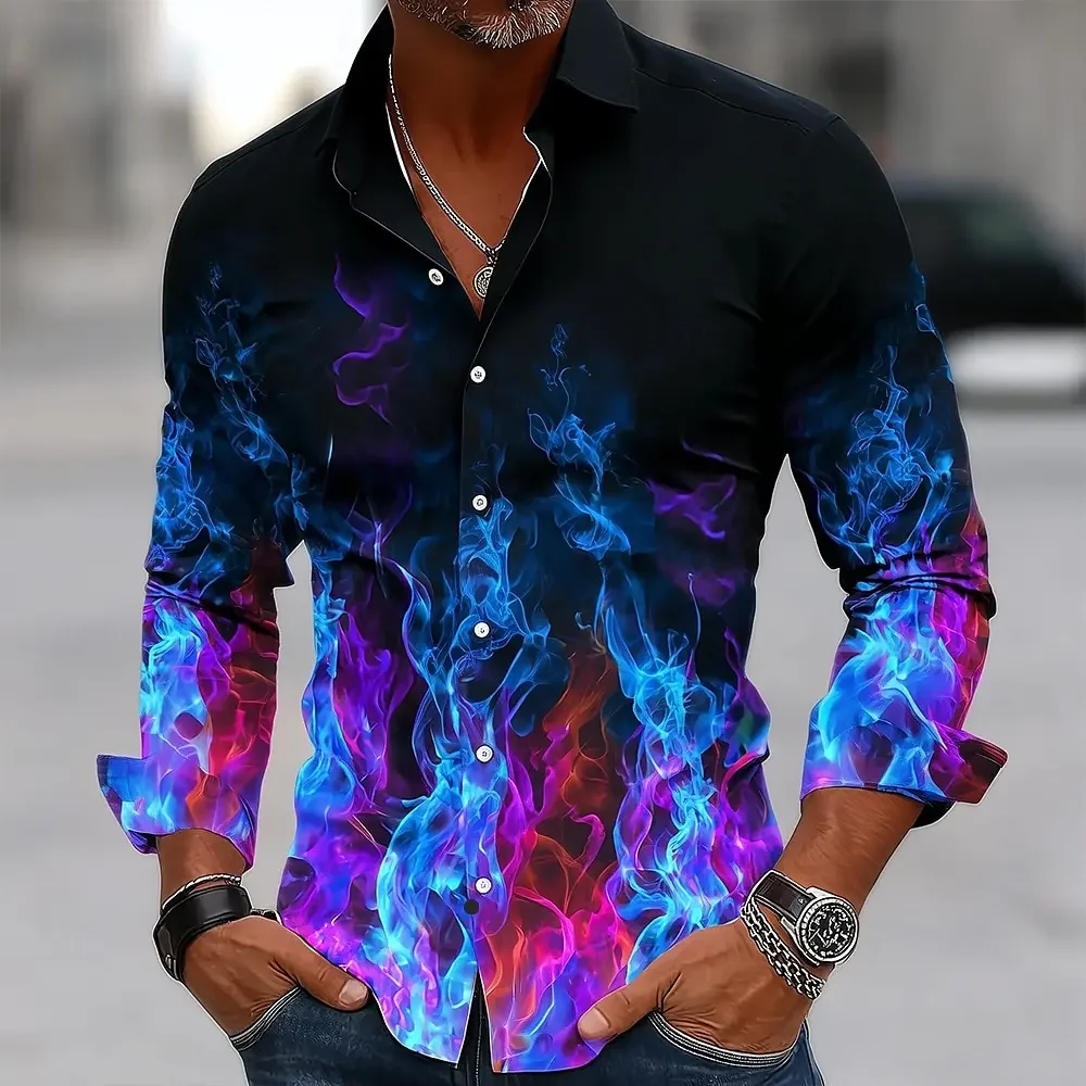 

New Men's Street Style Hip Hop Flame Printed Long Sleeve Shirt City Trend Pattern Casual Loose Comfortable Top