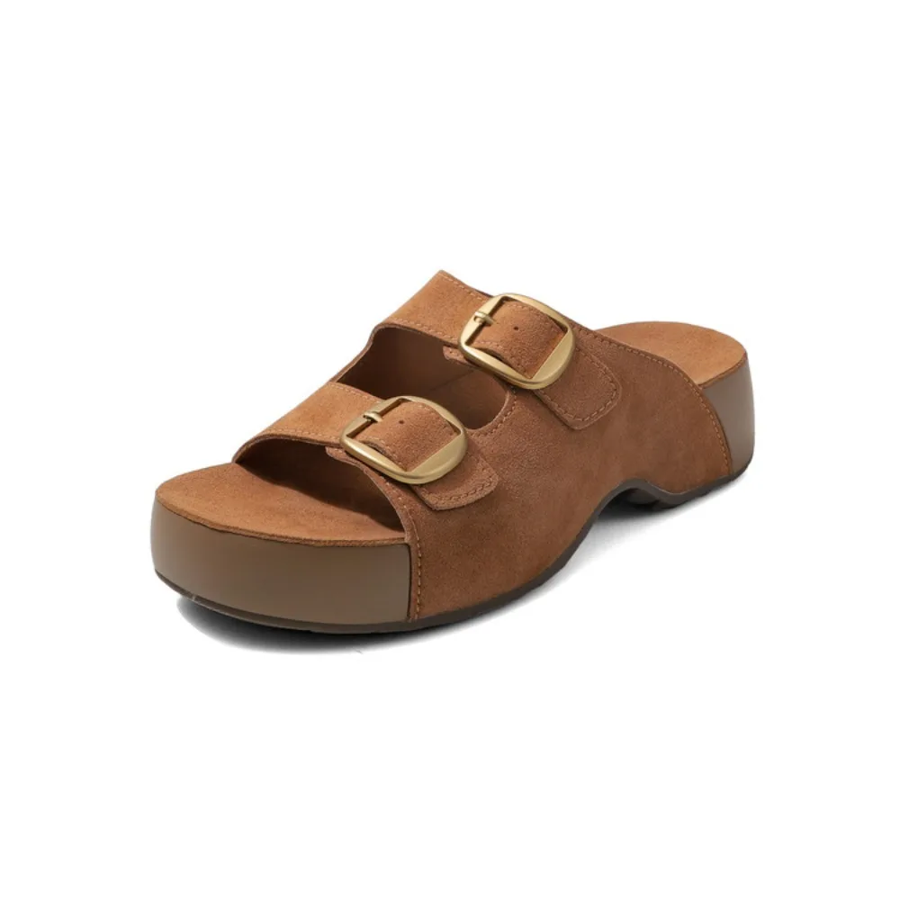 Comfy Soft Cork Insole Double Buckle Slide Sandals Women Open Toe Slip On Non Slip Sole Outdoor Summer Ladies Flat Slippers