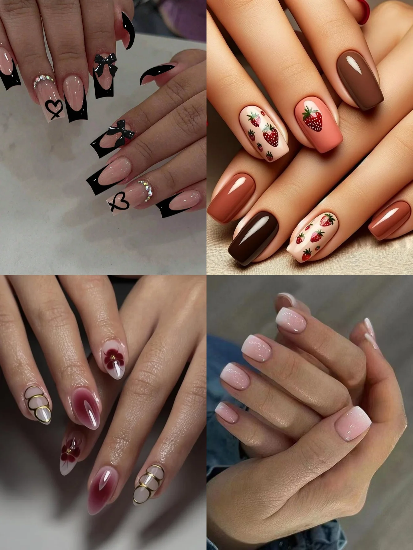 96Pcs Press On Nails Set Black Bow French,Strawberry Print,Red Brown Gradient,Pink Ombre Fake Nails False Nails for Women