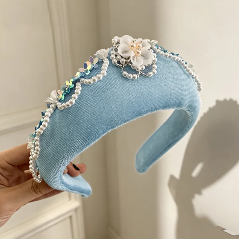 French Imitation Pearls Velvet Crown Headband Triangle Flower Hair Hoop Bride W