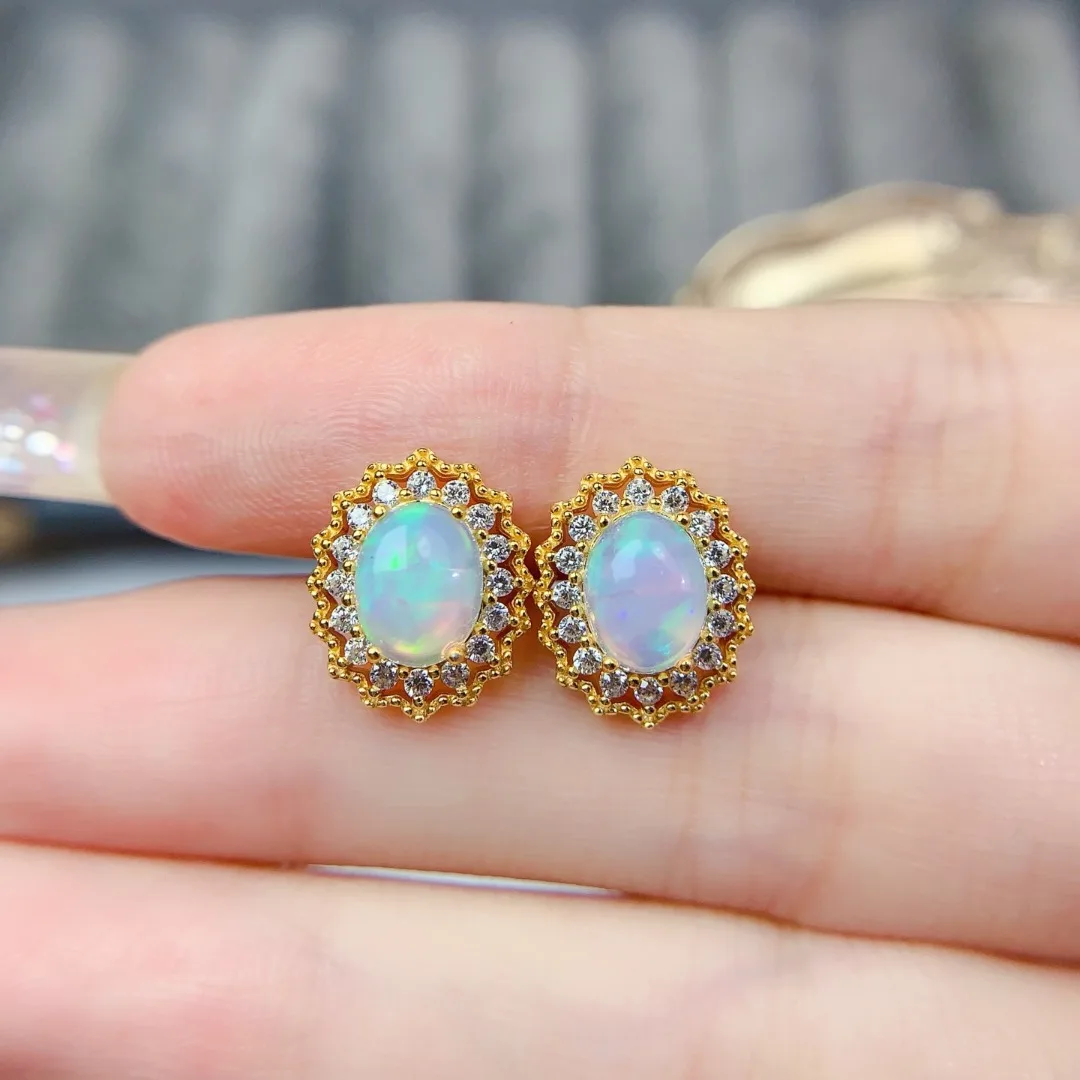 

Natural Opal Earrings S925 Pure Silver Hand Inlay Dense Natural Color Grade Stylish Daily Matching Exquisite Jewelry
