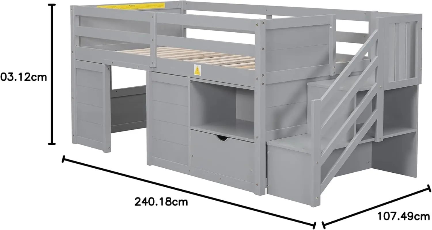 Okak Twin Size Low Loft Bed With Playhouse Loft Bed Frame With Drawer, Shelf,Stairs And Safety Guardrail For Teens, Girls Or