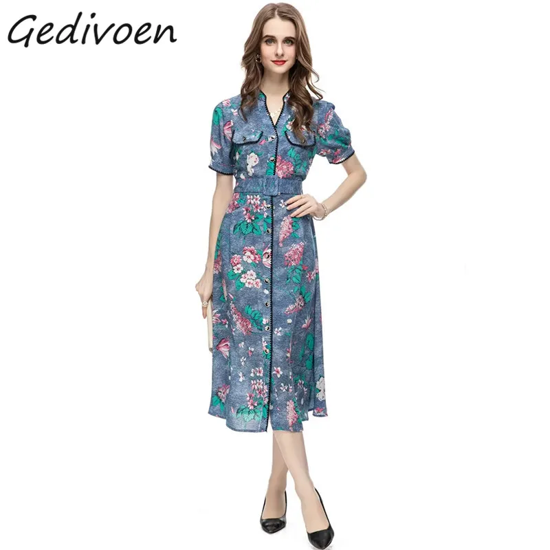 

Gedivoen Fashion Designer Summer Midi Dress Women V-Neck Fake Pocket Sashes Single Breasted High Slit Vintage Floral Print Dress