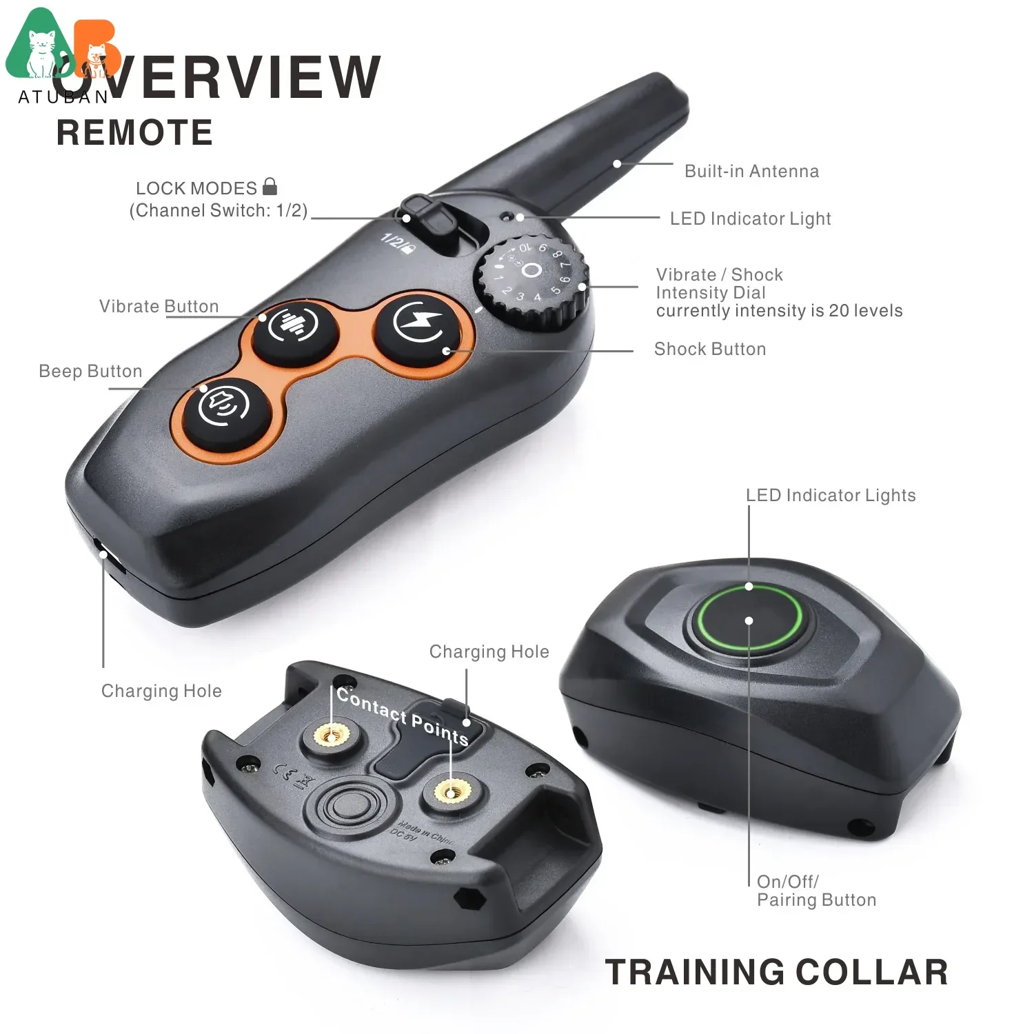 Rechargeable Electric Shock Collar IPX7 Waterproof Dog Training Collar with Remote, Dog Shock Collar for Large Medium Small Dog