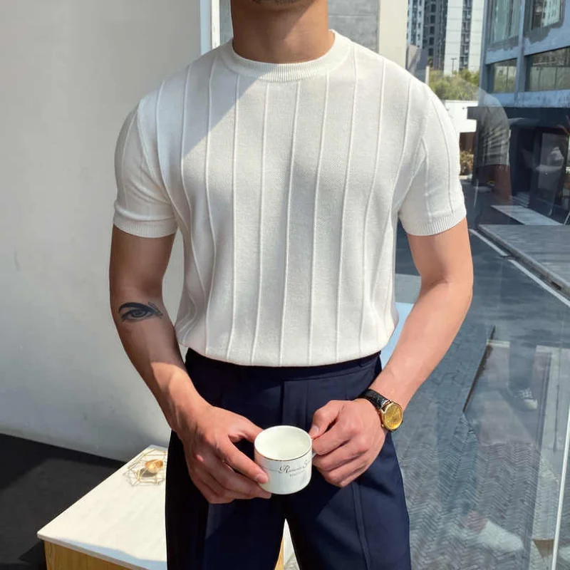 Koreański biznesowy swobodny letni nowy okrągły dekolt dzianinowy T-shirt młodzieżowy męski solidny żakardowy pasek gwintowany krótki rękaw cienki top