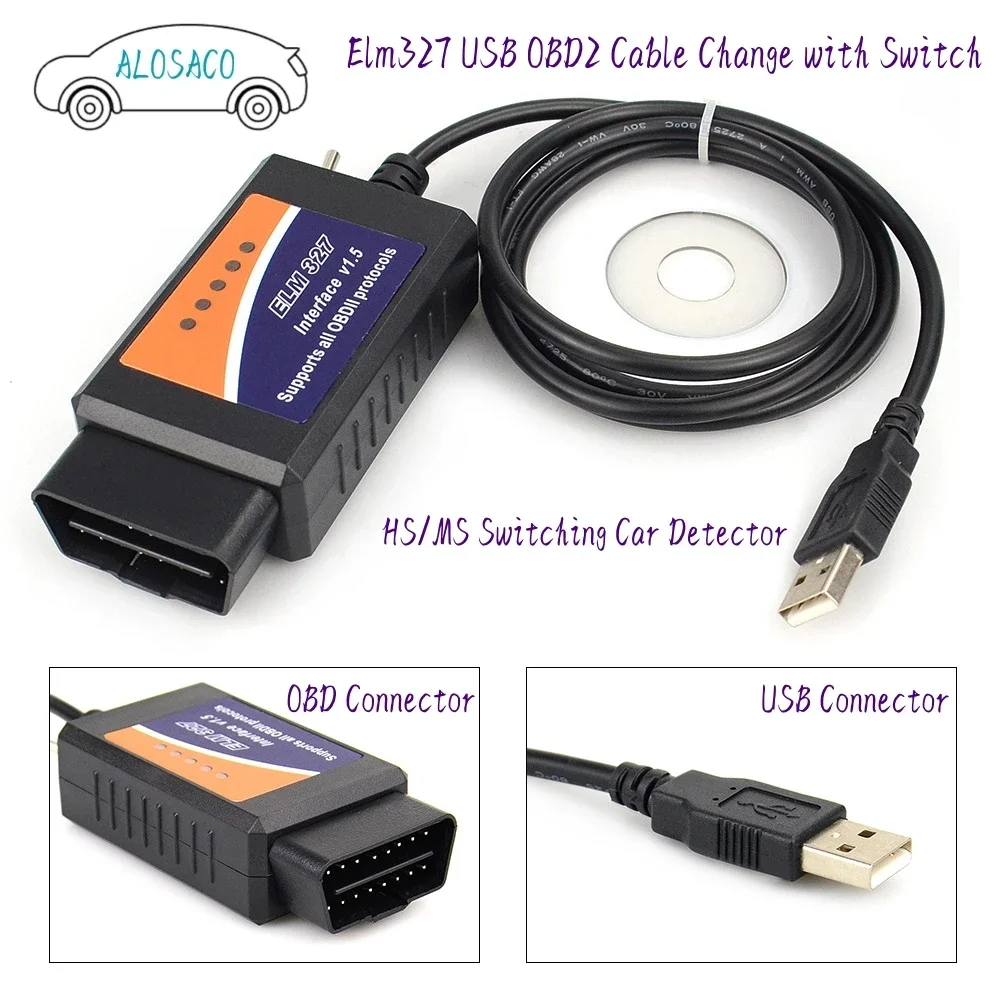 Elm327 V1.5 CH340T USB OBD2 Cable Change With Switch Ford Tiggo Brush Hidden HS/MS Switch Car Detector OBD16P to USB 4PIN wire