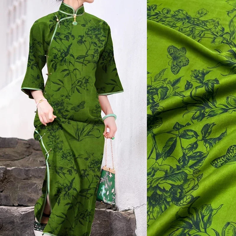 

Plants & Butterfly Print Noble Green Stretch Silk Fabric - Wide 118CM - Ideal for Dress & Cheongsam - High-Quality D1259