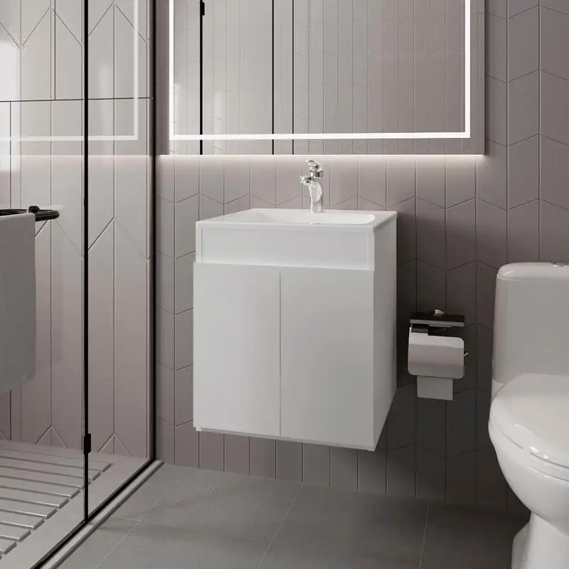 زينة حمام بيضاء بأبواب مزدوجة وتخزين كافٍ للمساحات الحديثة #1