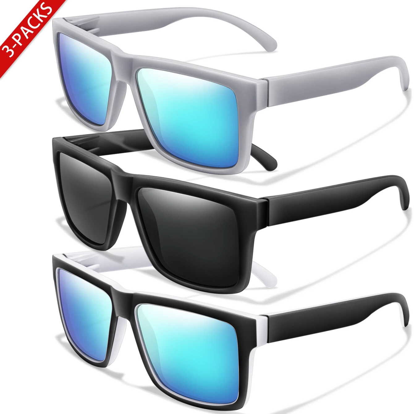 Lunettes de soleil polarisées carrées classiques pour hommes et femmes, Protection UV, lentilles colorées pour le cyclisme en plein air, la pêche et la conduite, 3 pièces