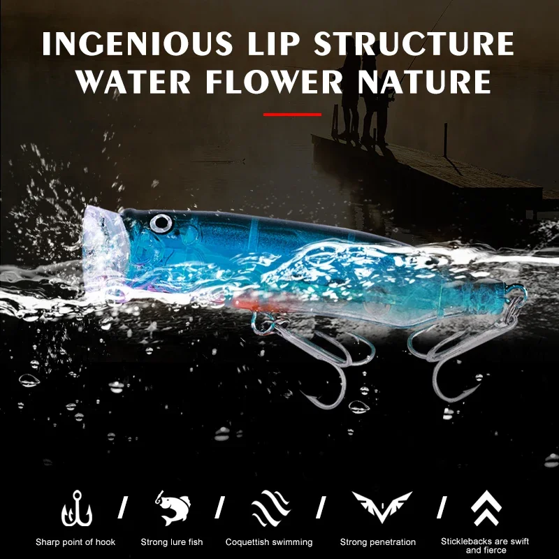 5pcs Realistic Topwater Floating Popper Fishing Lures 7.2cm 9.4g Durable Plastic Hard Bait for Bass, Trout Carp Fishing Tackle