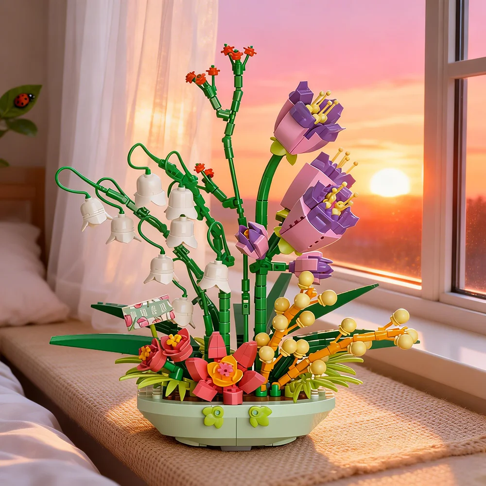 Kit de micro-blocs de construction pour bouquet floral épanoui : Vivez la joie de l'assemblage avec cette exquise composition de pot de fleurs.
