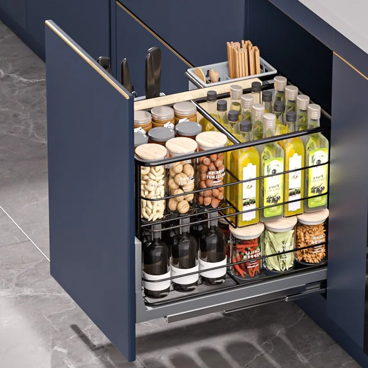 

Seasoning basket, kitchen cabinet stainless steel seasoning basket, drawer type push-pull slide rail seasoning storage rack