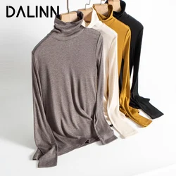 Woman Turtleneck T Shirts Basic Long Sleeves Silk Acrylic Blend Cozy Tee 2023 Fall Winter New Bottoms Top Ginger Grey DALINN