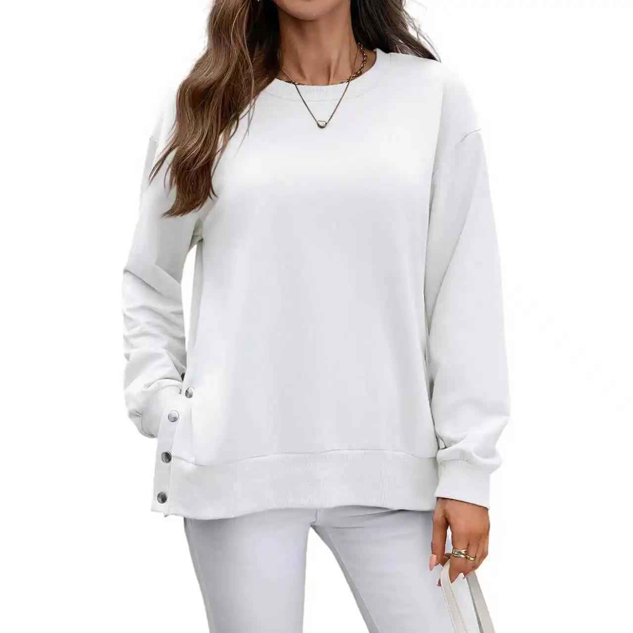 Women's Autumn Winter Long Sleeve Versatile Round Neck Split Sweatshirt