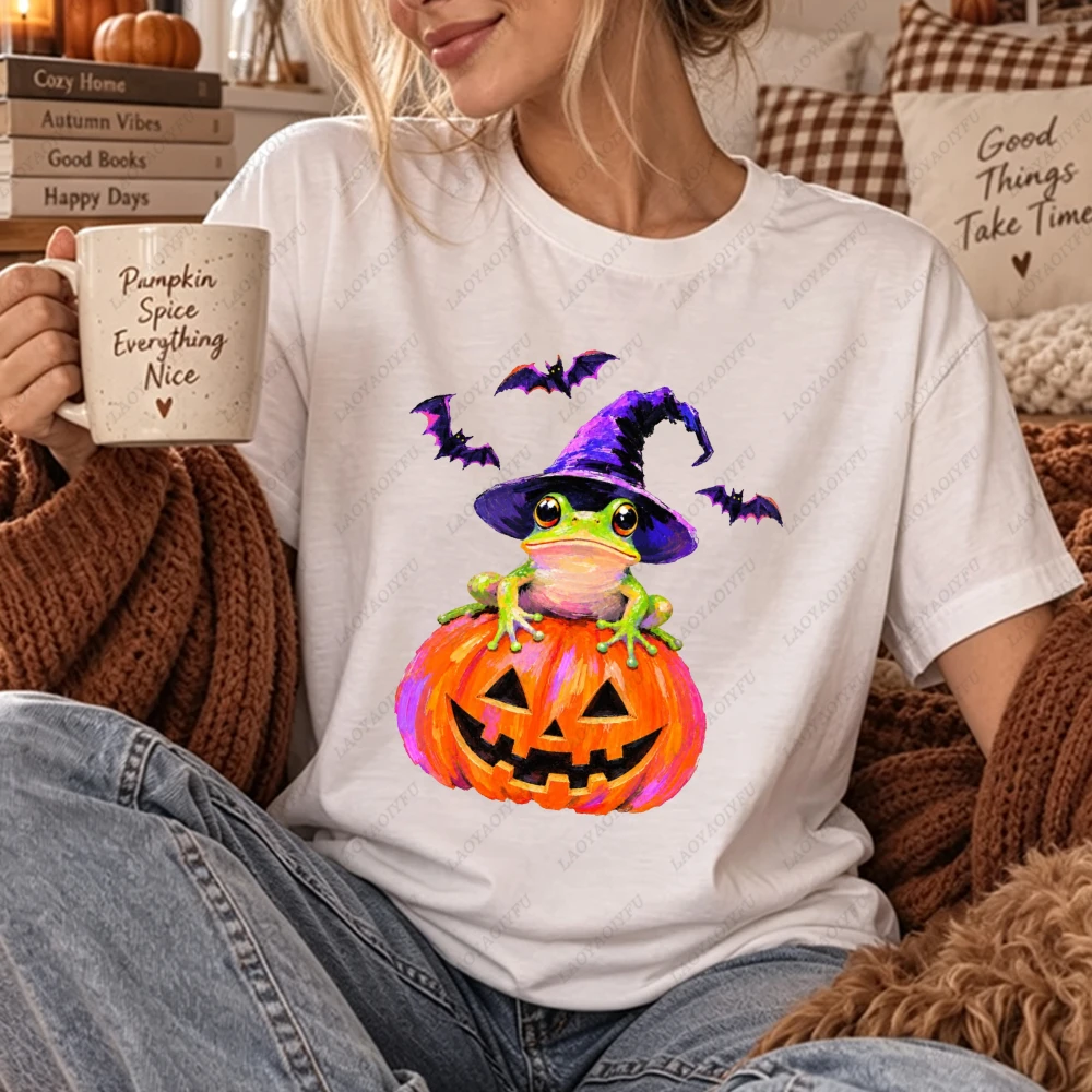 Witch Frog Jack O Lantern Bats Graphic Women Casual Short Sleeve T-Shirt Cute Funny Halloween Pet Animal Spooky Season Shirt