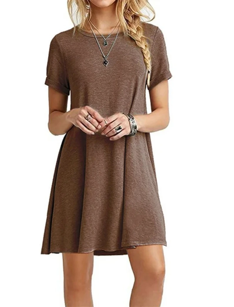 Women Mini Dress Summer Casual Boho Beach Dresses Solid Color O-Neck Short Sleeve Party A-Line Dress Vestidos