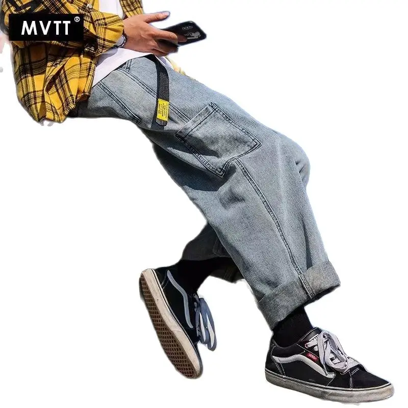 Retro Denim Trousers Men Straight Loose Trend Casual Daddy Trousers Fall Feeling Wide Leg Ankle Length Japanese Teenagers Pants