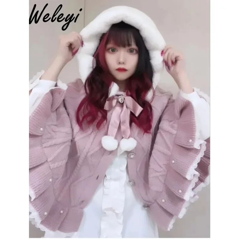 Lolita Shawl Jirai Kei Girl Sweet Sweater Cloak Coat Autumn New Japanese Kawaii Cute Women\'s Doll Neck Glutinous Knitted Capes