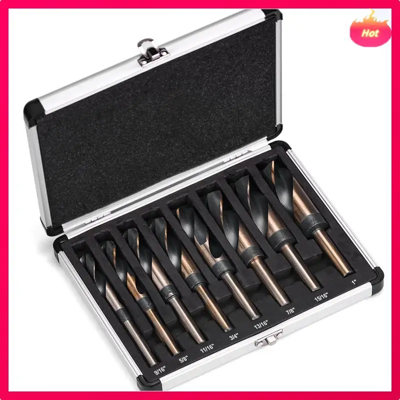 Set di punte da trapano in argento e deming da 8 pezzi Set di punte da trapano con codolo ridotto Gambo da 1/2 pollice di diametro, dimensioni da 9/16 pollici a 1 pollice