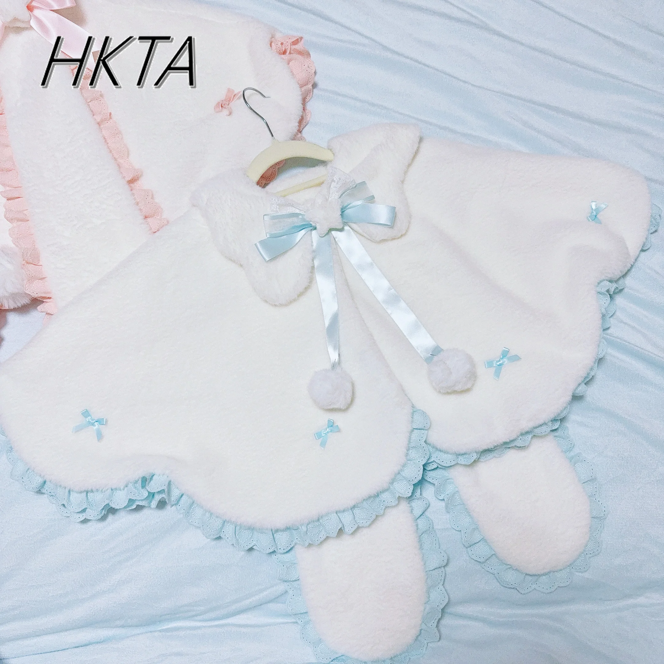 Original Handmade Cute Cloak Jacket Sweet Sister Petal Edge Rabbit Tail Lolita Small Cape Kawaii Girls White Warm Fur Cape Coat