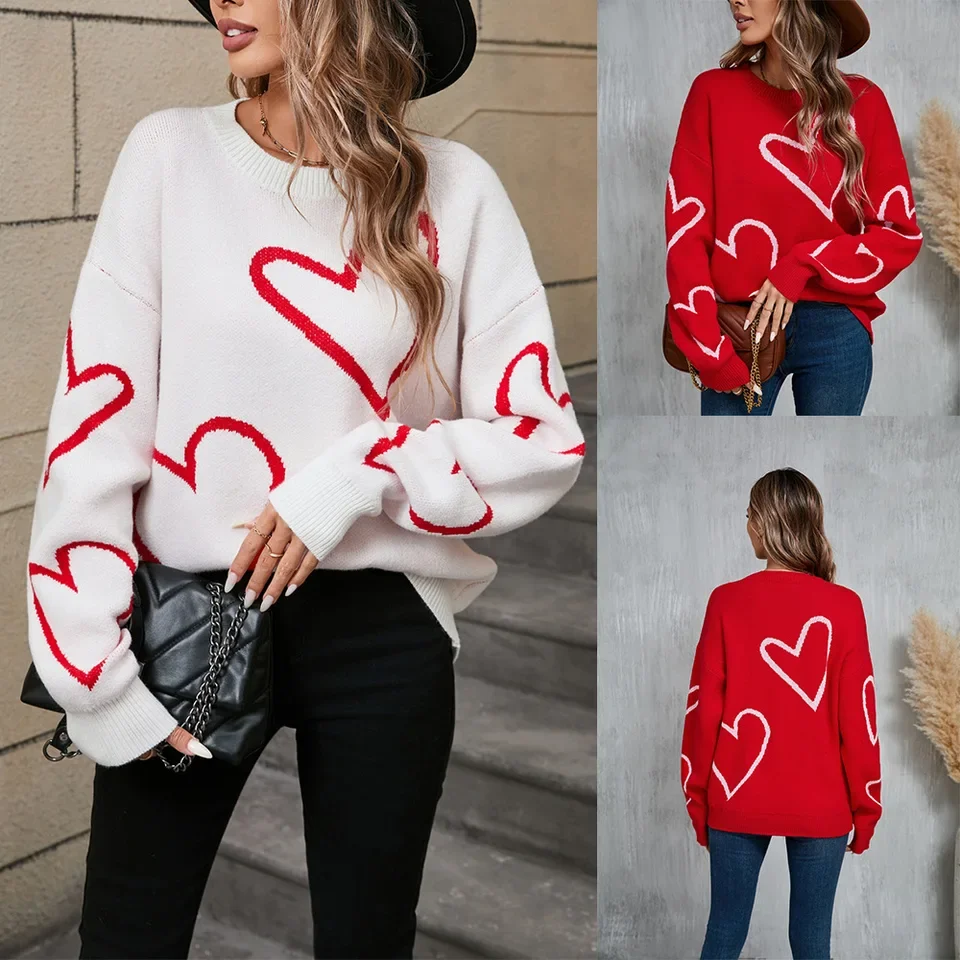 Round Neck Long Sleeve Love Pattern New Pullover Contrast Color Sweater Womens Spring Autumn Versatile Pullover Knitted Sweater 3