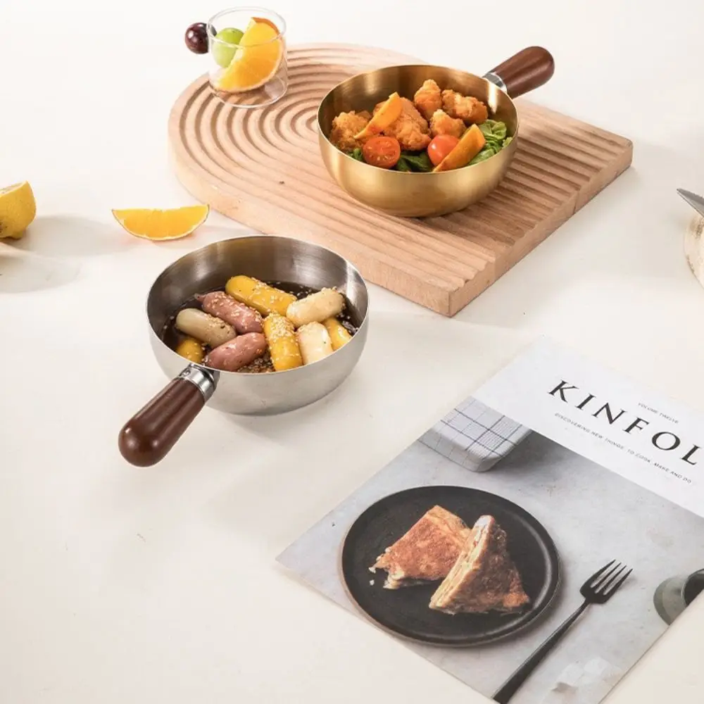 

Heat-Resistant Stainless Steel Bowl High Temperature Resistant Thick Wooden Handle Bowl Drop Resistant Anti Scalding