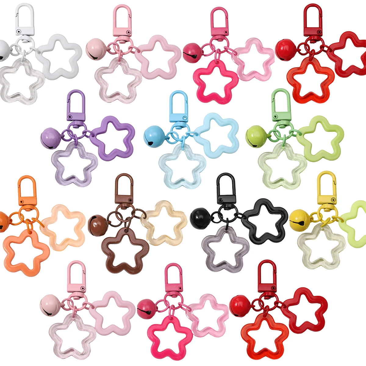 5/10/20/50pcs Hollow Star Charm Pendant with Small Bell Colorful Acrylic Beads Keychain Accessories Bag Lanyard Keyring Jewelry