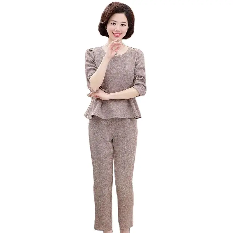

Middle-aged Women Cotton And linen Two Piece Set 2023 Spring And Autumn New Female Pants 2 Piece Set Femme 2PCS Pants Sets 4XL