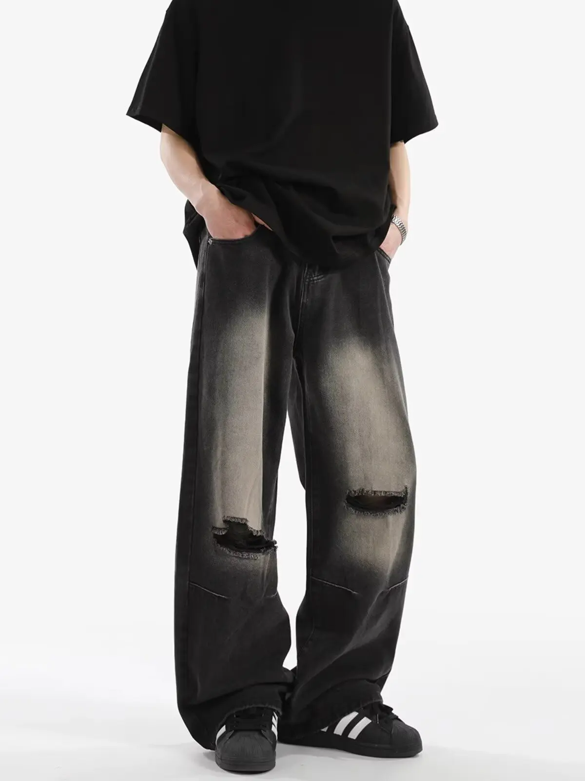 شارع العليا ممزق الجينز الرجال الصيف الصناعة الثقيلة غسلها السراويل المستقيمة شارع العليا أنيق فضفاض واسعة الساقين y2k رجل السراويل