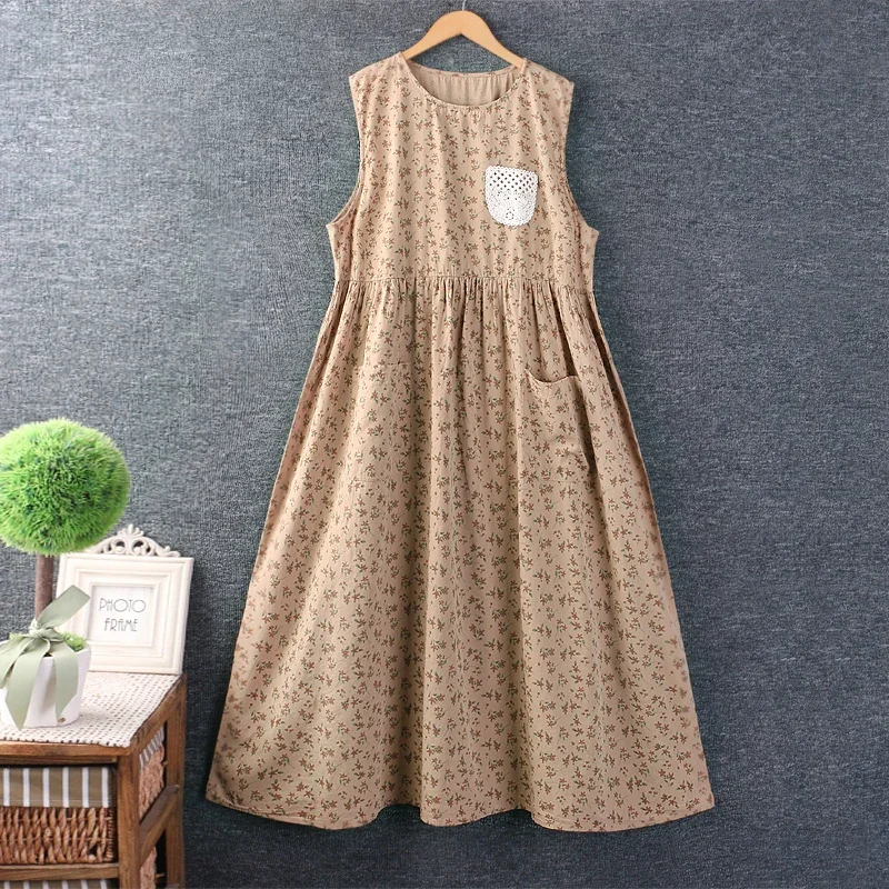 Spring Sweet Mori Girl Vintage Floral Print Tank Dress Women O-neck Sleeveless Casual Loose Pockets Midi Dresses