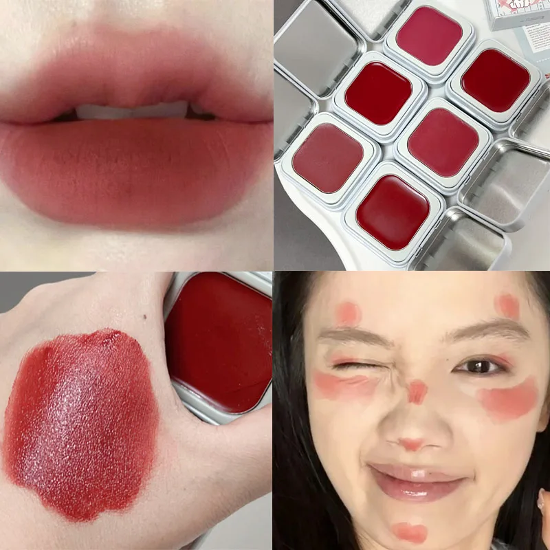 Square Box Matte Mousse Lip Mud Mulitfuntional Nude Lipstick Blush Palette Makeup Lasting Non-stick Cup Red Lips Tint 6 Colors