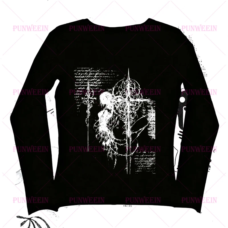 Harajuku esthétique dessin animé Y2k haut court Punk gothique Emo fille japon Anime graphique femmes mince à manches longues imprimé sous-culture T-shirt