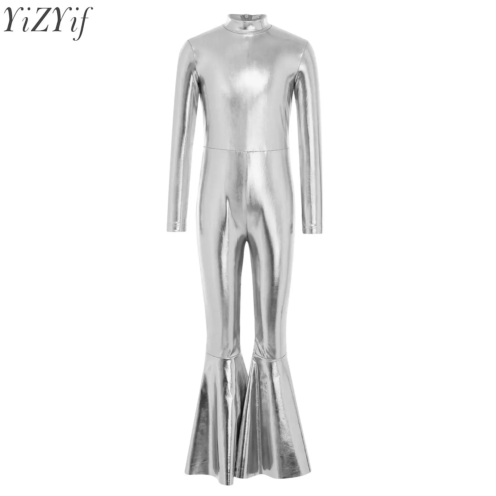 

Kids Elegant Gymnastics Jazz Dance Clothes Girls Long Sleeve Back Invisible Zipper Bell-Bottom Bodysuit for Raves Music Festival