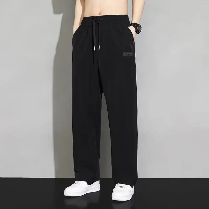 Korean Men Sweatpants Ice Silk Straight Wide Legs Pants Summer Men Sports Pants Jogging Trousers Y2k Japan Streetwear