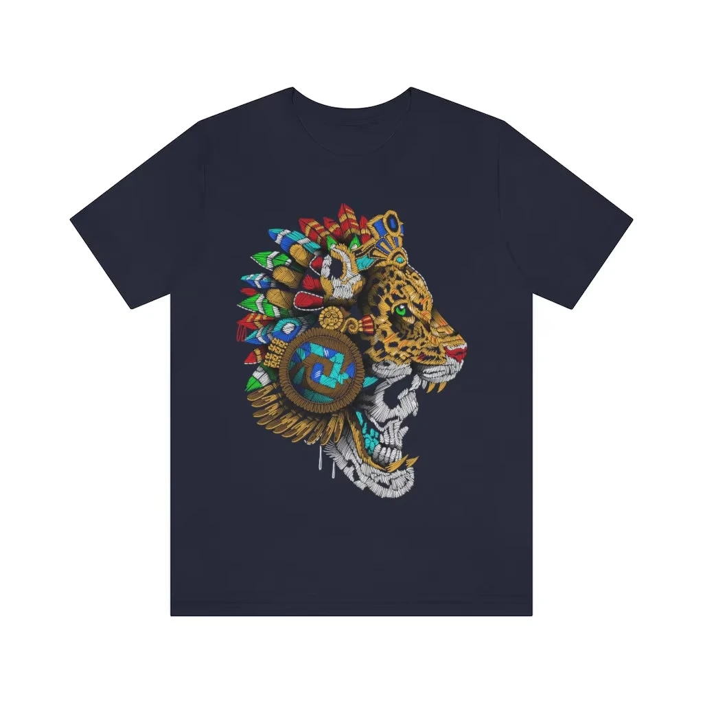 أفضل بيع الأزياء ازتيك جاكوار المحارب تي شيرت الرجال القبلية الجرافيك المحملة الثقافة المكسيكية ريشة غطاء الرأس طباعة الشارع الشهير أعلى