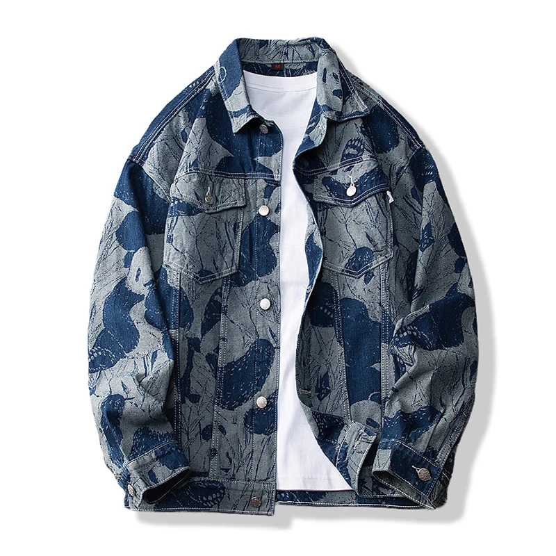 New Blue Trendy Brand Long Sleeved Loose Jacquard Spray Painted Jacket With Patchwork Denim For Men