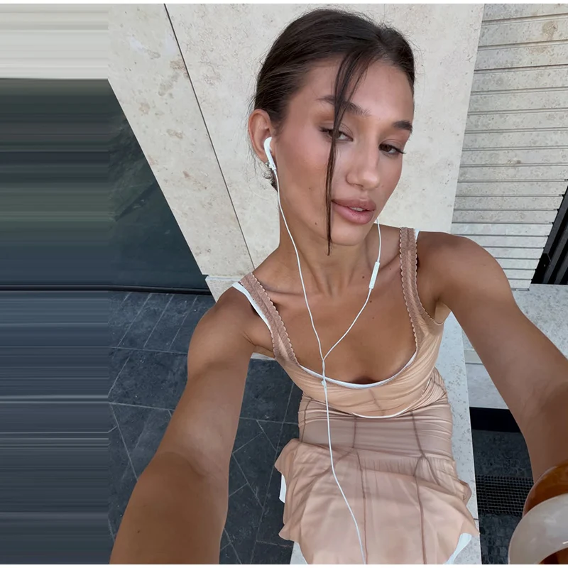 Doppellagige Mesh-Cropped-Tops und Rock-Sets für Damen, sexy Spaghetti-Träger, ärmelloses, figurbetontes Oberteil, enganliegender Midirock, schicke Damenanzüge – Detail 13