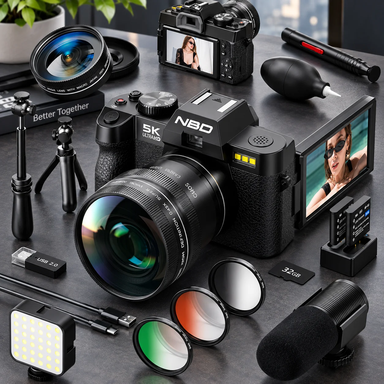 Appareil photo numérique pour vlogging NBD 5K 64MP |   Mise au point automatique, stabilisation d'image, zoom 16x, objectif macro grand angle, trépied et éclairage d'appoint 3 couleurs avec carte TF 32 Go, appareil photo de voyage, noir