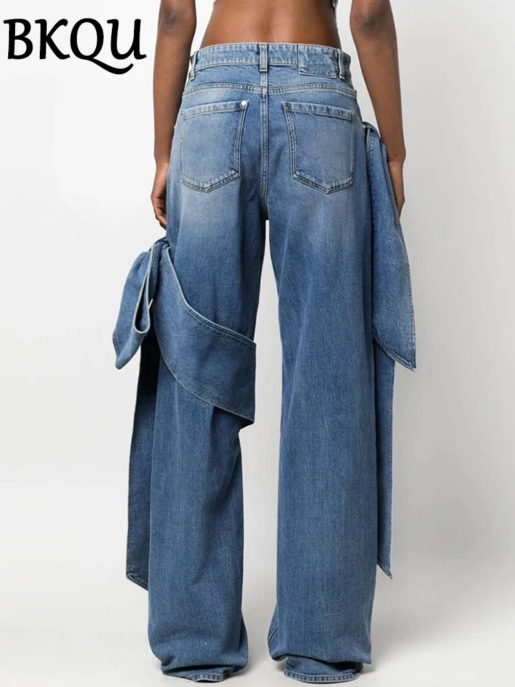 BKQU Straight Baggy Jeans Women Wide Leg Denim Pants High Waist Bows Cross Patchwork Loose Trousers Designer Streetwear 2024 New