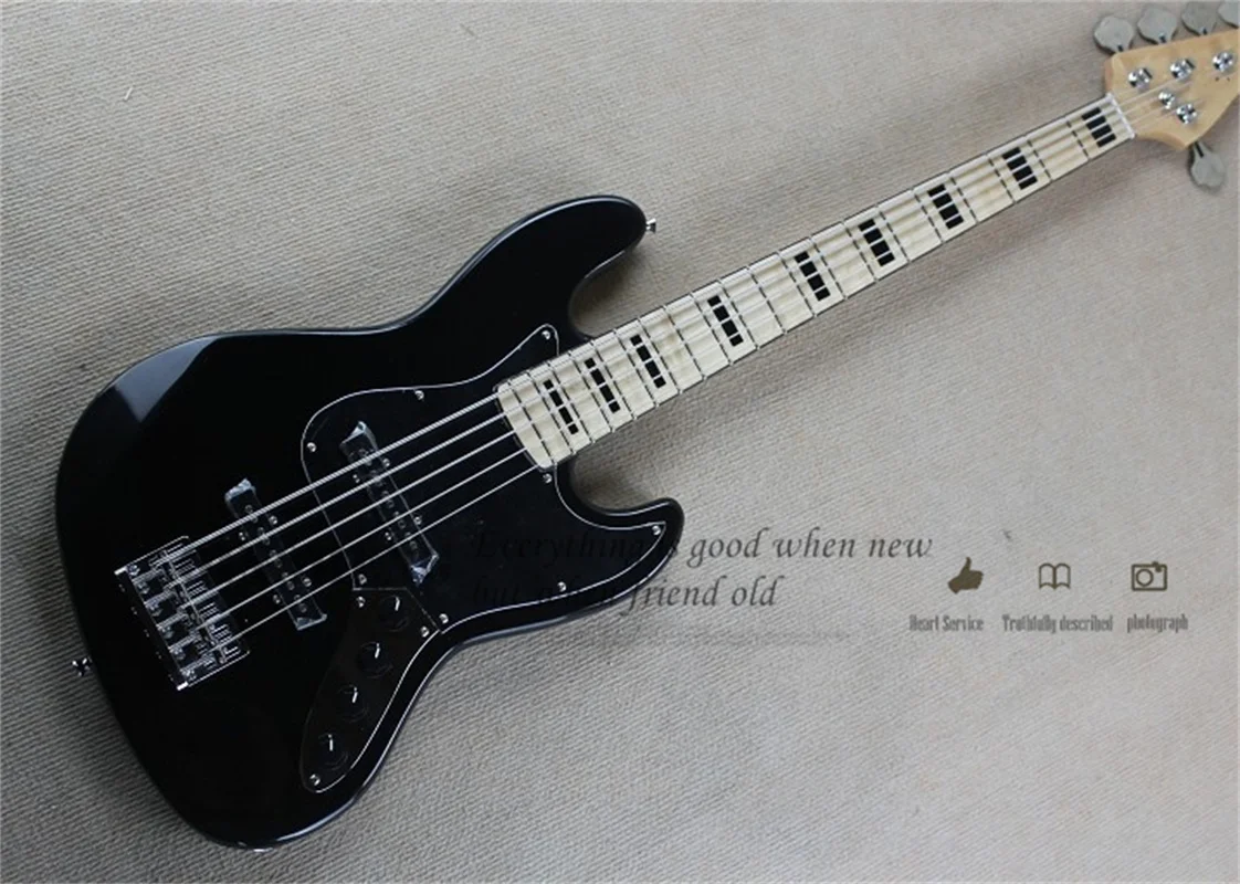 5 Strings Bass Guitar Jaz Black Bass Basswood Body Maple Fingerboard Chrome Tuners Fixed Bridge Black Pickguard